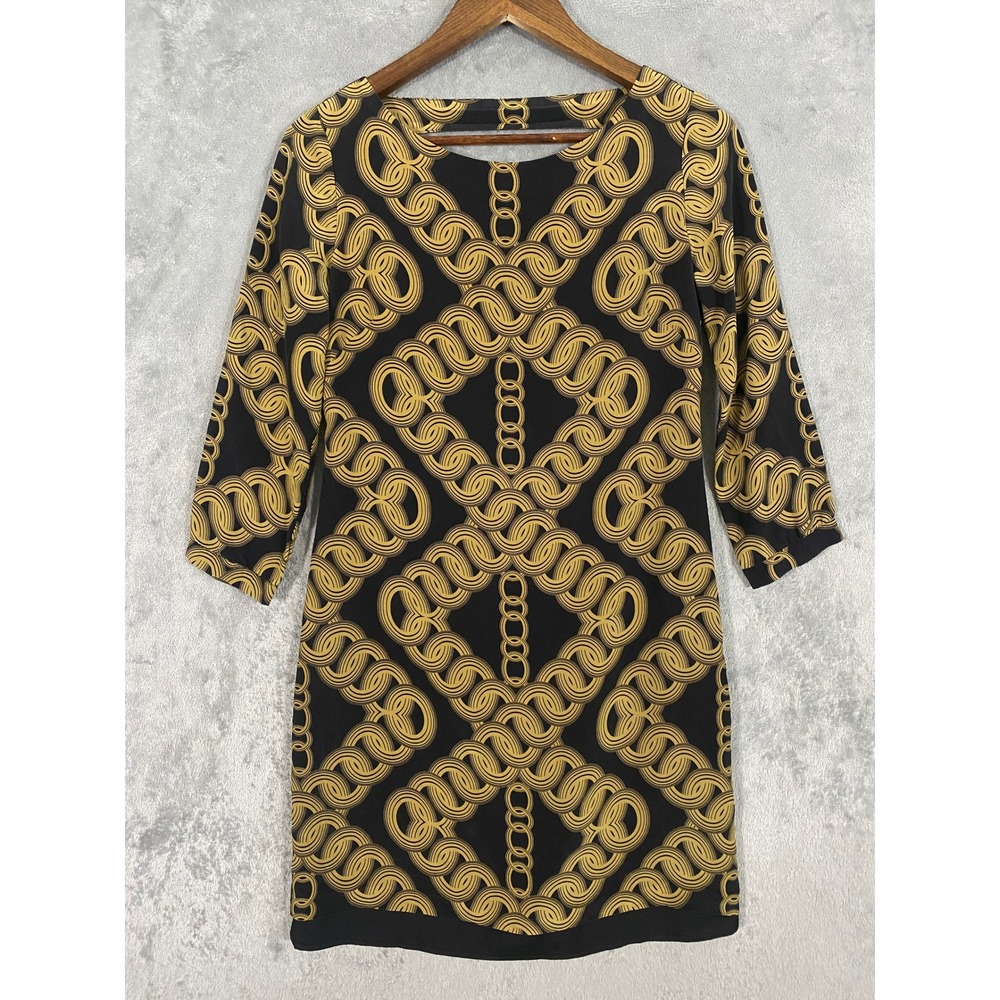 Beth Bowley Dress Small Petite Black Gold Silk Chain Link V-Back Modern Ornate